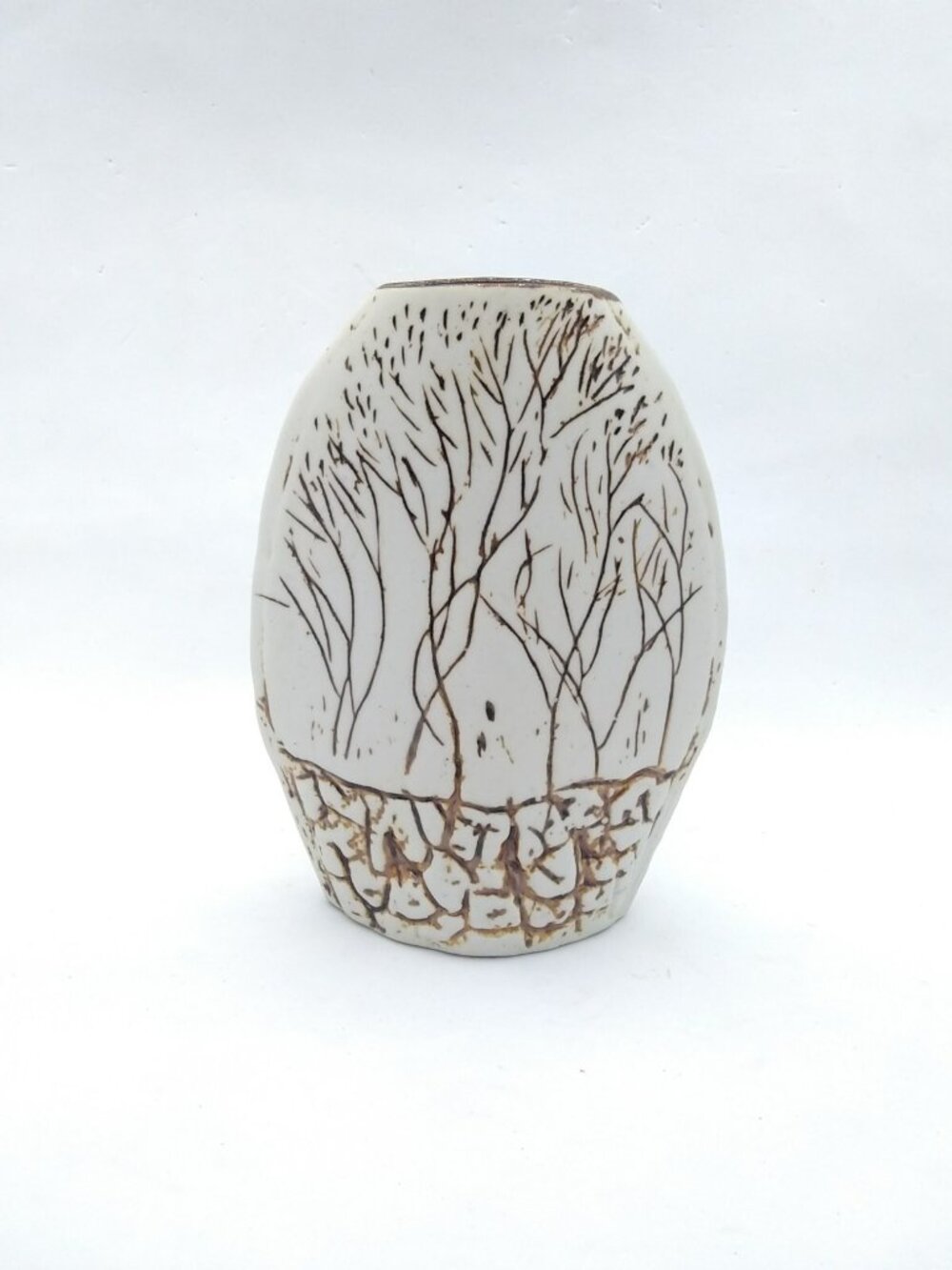 Tenmoku Malaysia Pottery unmarked oval nature inspired leaf/tree imprint vase
